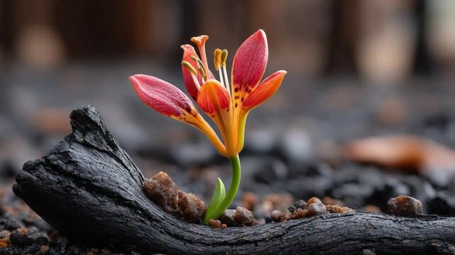 Resilient Bloom Amidst Ashes: A vibrant, solitary flower bravely emerges from a bed of charcoal, symbolizing hope, renewal, and the enduring power of life.