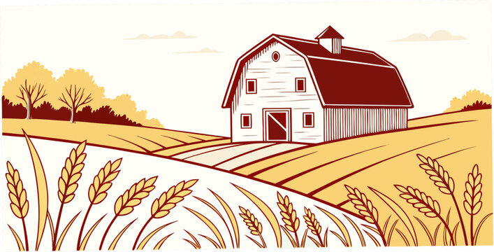 A white barn with a brown roof sits in a rural landscape Vector