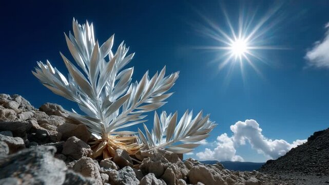 Silvery Delight in the Sun: A close-up view unveils the unique beauty of a silver plant, its leaves shimmering in the sun. Set against a backdrop of a bright blue sky.