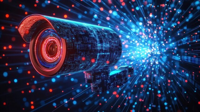 Futuristic security camera with glowing red and blue circuitry and streaming data particles, emitting a sense of intense vigilance and high-tech monitoring