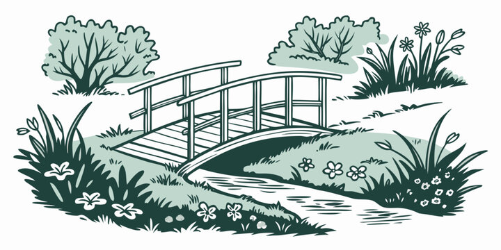 A small wooden bridge over a stream in a garden Vector