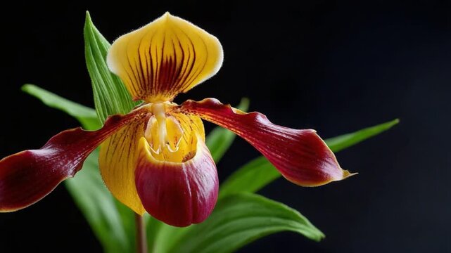 Lady Slipper Orchid: An exquisite Lady Slipper orchid with vibrant petals and graceful foliage against a dark background, showcasing nature's artistry.