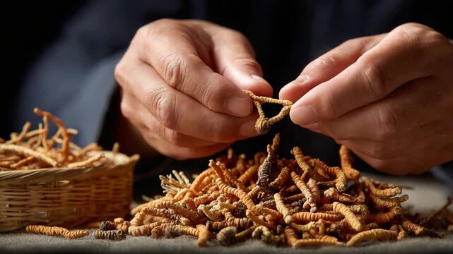 Harvesting Cordyceps: A close-up shot captures the meticulous hands of an individual handling cordyceps, showcasing the reverence for this natural ingredient amidst a rich harvest.