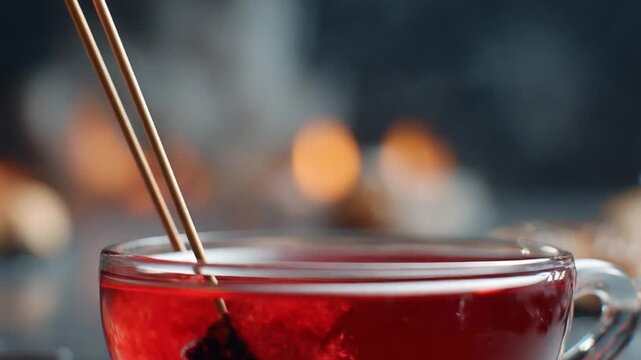 Aromatic Brew in Glass: A close-up shot of a steaming, ruby-red liquid in a glass cup, accompanied by a tea bag, exudes warmth and coziness.