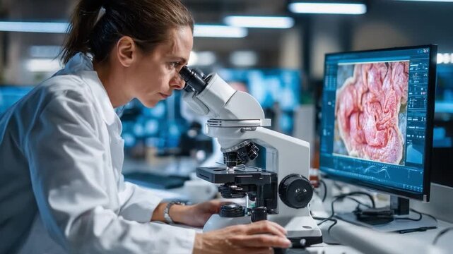 Microscopic Exploration: A focused scientist peers into a microscope, her keen gaze analyzing intricate biological samples.