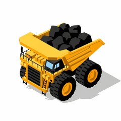 A large yellow mining dump truck filled with black coal, viewed from a three-quarter perspective against a white background. © Bunga