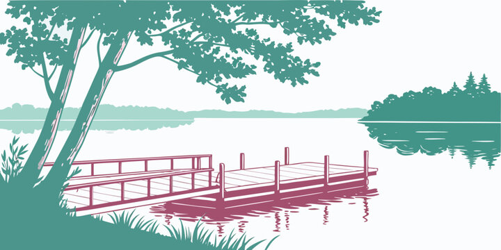 A dock on a lake with a tree in the background Vector