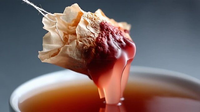 Tea Infusion: A close-up shot of a tea bag steeping in a cup, capturing the vibrant color and the essence of a comforting moment. 