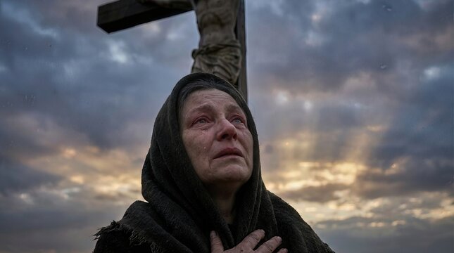 The Virgin Mary weeping with profound grief at the solemn crucifixion of Jesus Christ on Mount Golgotha, a sacred event of deep suffering and ultimate sacrifice, Christian devotion