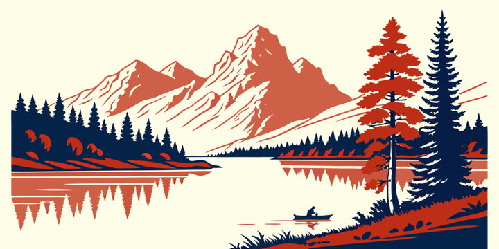 A serene lake scene with a mountain range Vector