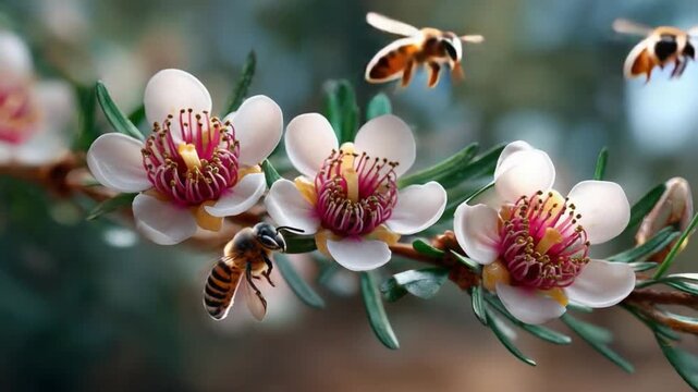 Floral Harmony: Bees diligently pollinate delicate, white blossoms. Their efforts are captured in this moment of perfect collaboration, showcasing nature's artistry.