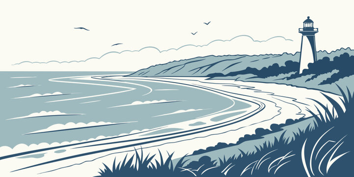 A serene lighthouse on a coastal hill Vector