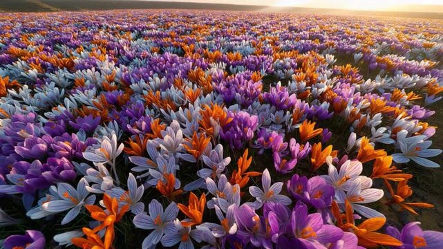 Floral Symphony: A sprawling landscape transformed by a kaleidoscope of vibrant crocus blossoms, painting the terrain in a symphony of colors under the radiant morning sun.