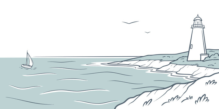 A lighthouse on a rocky coastline by the sea Vector