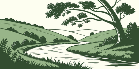 A tree stands by a winding river in a green landscape Vector © RABBYMIA