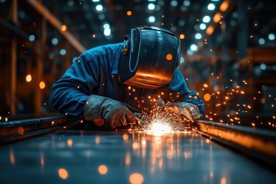 welder in protective helmet and gloves creating sparks while working on a metal table in a dim blue industrial workshop, focused intense concentration and determined effort