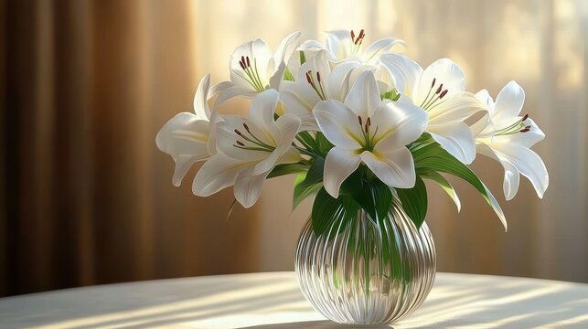 Serene bouquet of white lilies in a ribbed glass vase on a sunlit table with soft curtains, calm warm morning atmosphere