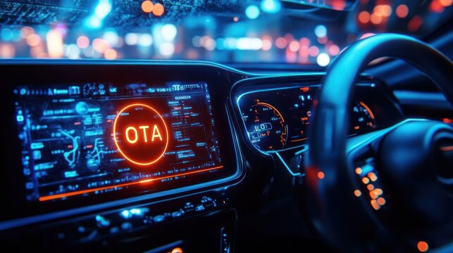 Futuristic car cockpit with glowing infotainment screen displaying OTA, digital instrument cluster and steering wheel bathed in neon blue and orange night city lights, immersive high-tech mood