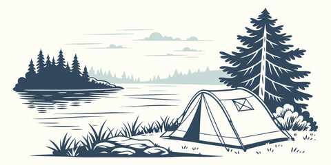 A tent pitched near a tree by the lake Vector © RABBYMIA