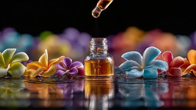 Essence of Aromatherapy: A single drop of essential oil descends into a delicate glass bottle, surrounded by vibrant flowers, creating an evocative image of relaxation and sensory pleasure.