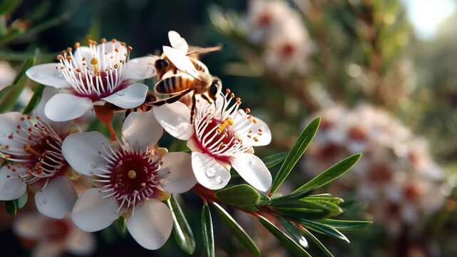 Bee's Botanical Embrace: Capturing the beauty of nature's delicate dance, this image showcases a bee gracefully pollinating a blossoming flower, amidst a vibrant floral display.