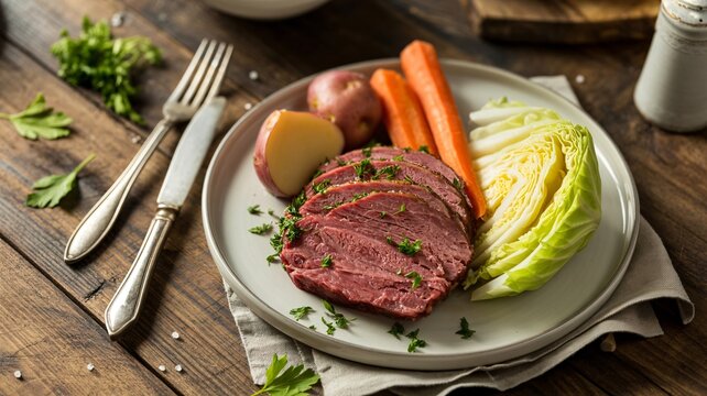 Sliced corned beef served with boiled potatoes, carrots, and cabbage on a plate.