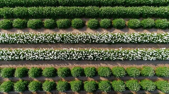 Agricultural Symmetry: A striking aerial view of a meticulously cultivated agricultural field showcases rows of vibrant green and white crops, creating a harmonious and aesthetically pleasing pattern.