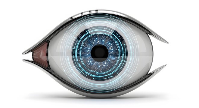 Single 3D icon of a futuristic AI vision eye with holographic scanning rings and digital circuits around the iris, computer vision technology concept