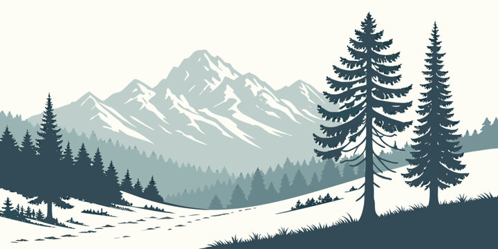 Snowy mountain landscape with evergreen trees Vector