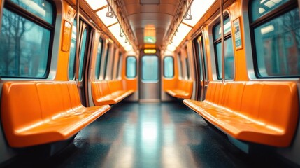 Fototapeta premium Empty modern subway car interior with bright orange plastic bench seats, central aisle, windows and warm overhead lights evoking quiet solitude and calm