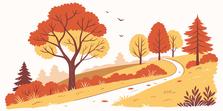 A cartoon landscape with autumn trees and a winding path Vector