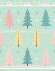 A festive pattern of colorful Christmas trees on a green background