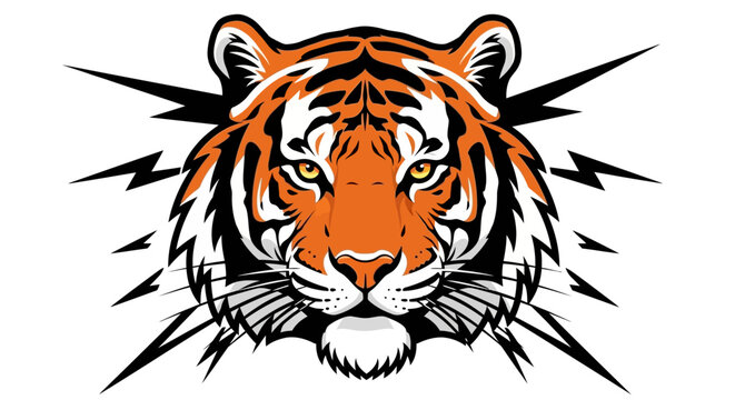Dynamic graphic of a majestic tiger's face surrounded by bolts of lightning, representing intense energy, courage, and an untamed, swift spirit, perfect for a powerful logo