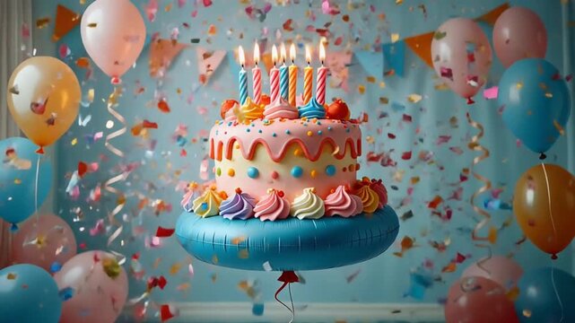 Birthday cake with colorful balloons celebration.