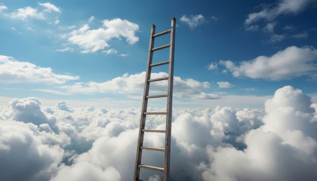 A wooden ladder stands amidst fluffy clouds in the blue sky. The ladder reaches upward, creating a surreal scene with clouds surrounding the wooden ladder.
