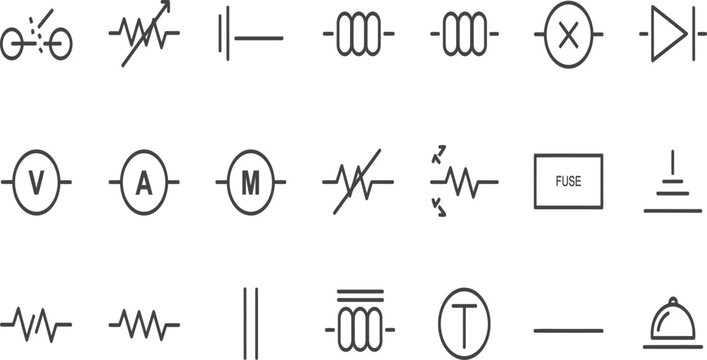 Electrical circuit symbols icon set including resistor capacitor diode fuse voltmeter ammeter and inductor schematic vector illustration