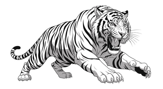 Dynamic black and white illustration of a majestic tiger roaring fiercely, capturing its powerful stance and wild aggression in a detailed vector artwork