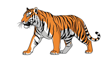 Obraz premium Powerful Bengal Tiger Illustration with Dynamic Striding Pose and Intricate Striped Fur. Capturing the Majestic Essence of a Predator in Motion, Showcasing its Iconic Whiskers and Grace