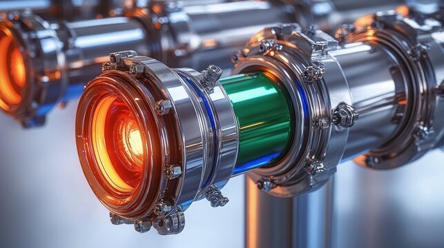 close-up of polished chrome pipeline connector with clamps and bolts, glowing orange lens and green illuminated inner tube, sleek high-tech precision and futuristic intensity