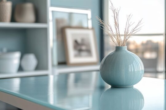 glossy turquoise ceramic vase with dried twigs on reflective table in sunlit modern room with blurred shelves and framed photo, calm minimalist mood