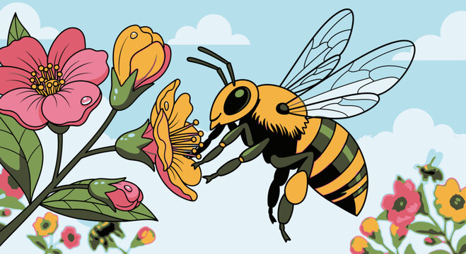 Bee collecting nectar from flower.