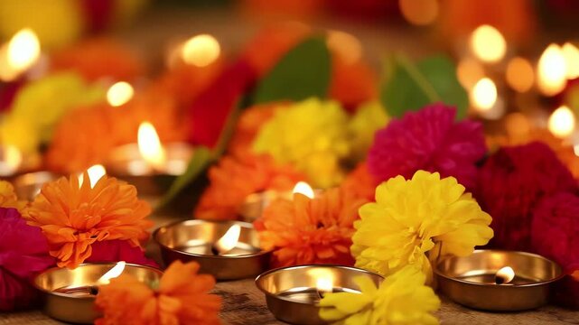 Tamil New Year Puthandu Celebration: Festive Candles & Flowers Background