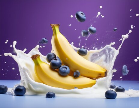 bananas and blueberries splashing into yogurt and floating in the air on a bright purple background dynamic close up shot healthy and fresh ideal for marketing materials