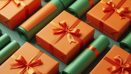 Naklejka premium wrapped gifts and rolls of wrapping paper arranged neatly. Orange boxes with green rolls showcase festive colors suitable for celebrations.