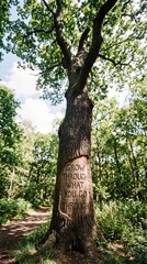 Fototapeta premium Forest tree trunk carving inspiring growth and resilience