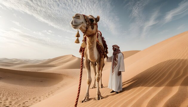 Two men walking with camel in vast golden desert under dramatic sky at sunset