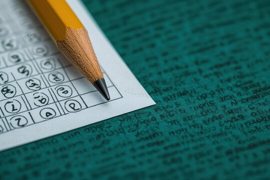 sharpened yellow pencil poised on a filled multiple-choice bubble answer sheet beside blurred printed text, conveying focus and exam tension