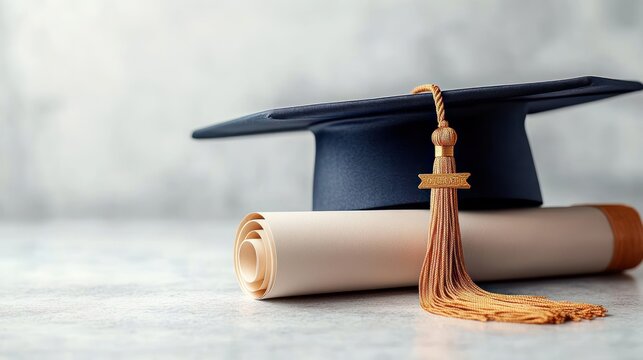 dark blue graduation cap with gold tassel resting on a rolled diploma on a neutral surface, symbolizing achievement, pride and celebration