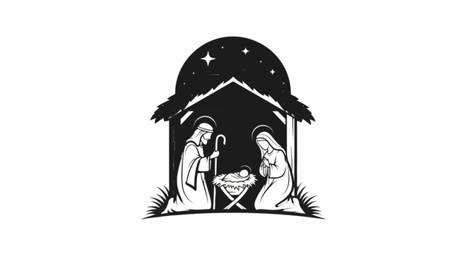 Stylized Nativity scene under starry night in a stable