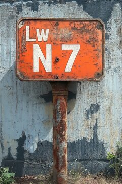 weathered orange metal sign reading LW N7 mounted on a rusted post against a peeling concrete wall, aged abandoned atmosphere